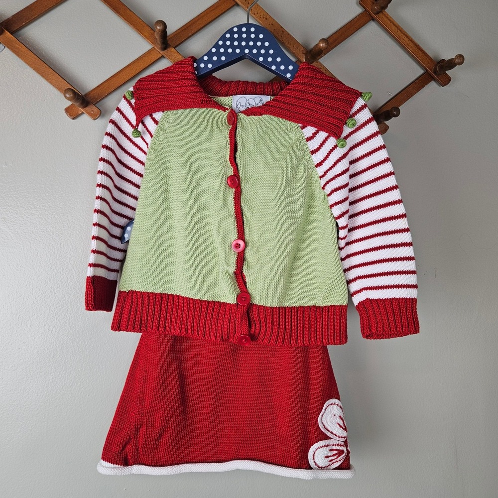 Zackali 4 Kids Sweater Skirt Cardigan Set Holiday‎ Sz 3/4 Red Lime Green Flower